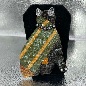 Vintage Paper Mâché Kitty Cat Brooch Pin Bead Rhinestone Accents Hand Designed